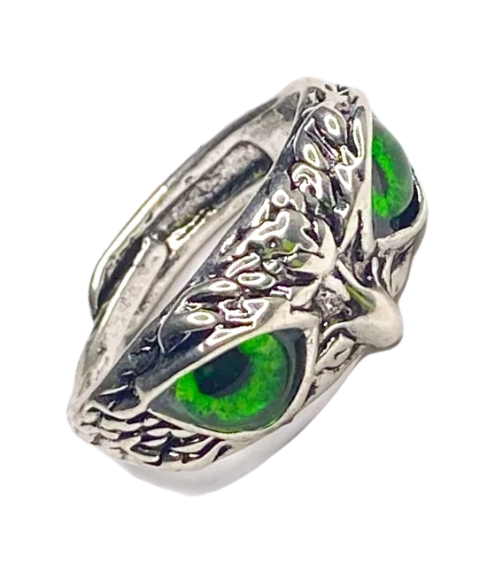 Anillo Búho Ojos Verdes, fotografía del catálogo Draco